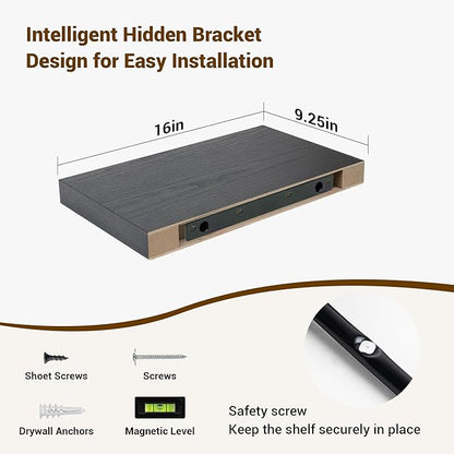 16 Inch Floating Shelves, 16"x9.25"x1.5" Inch Deep Floating Shelves for Wall, Wooden Shelves for Bathroom, Bedroom, Living Room, Black