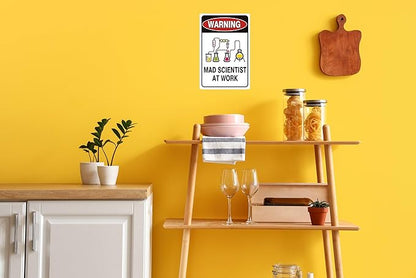 Vintage Tin Sign Retro Metal Funny Warning Mad Scientist At Work Signs for Home Decor Stylish Wall Art Plaques Gift for Bathroom Kitchen and Gothic Wall Decor in Every Room 12x8 in