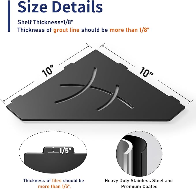 Corner Shower Shelf 10", Matte Black 304 Stainless Steel Pentagonal Corner Shelf Recessed Bathroom Storage Shampoo Holder Organizer Shelf 2 Pack