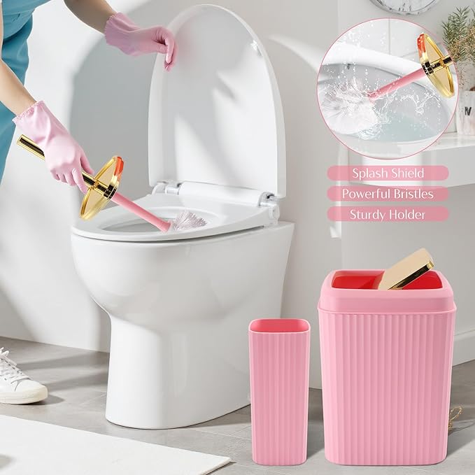 17PCS Bathroom Accessory Set Pink Bathroom Set Bathroom Accessories,Toilet Brush, Trash Can, Qtip Holder Dispenser& 3PCS Soap Dispenser