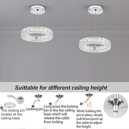 11.8" Crystal Chandelier LED Round Flush Mount Ceiling Light Fixture Modern Hanging Pendant Lighting Mini Ring Chandeliers for Dining Room Kitchen Island Hallway Bathroom (Cool White)