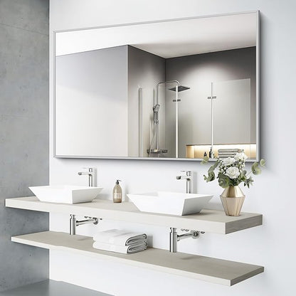 36x55inch Bathroom Mirror, Silver Rectangle Mirror with Thin Metal Frame, Large Rectangular Wall Mirrors for Bathroom, Living Room, Hair Salon, Big Mirror Hang Horizontal/Vertical