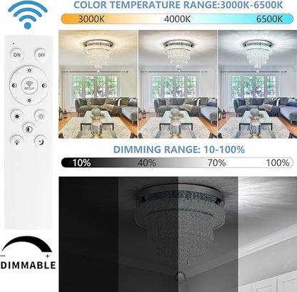 16“ Crystal Chandeliers Round Modern LED Chandelier Light Flush Mount Ceiling Light Fixtures with Remote Control for Bedroom Living Room Dining Room (dimmable)