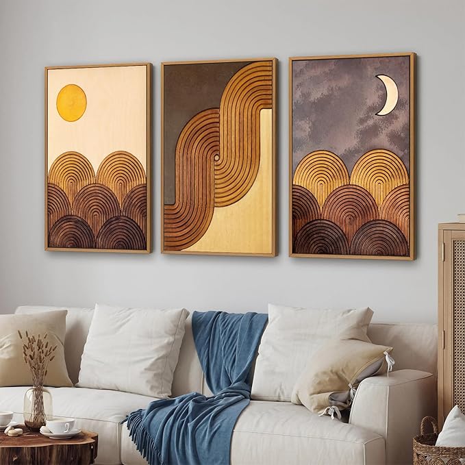 Tinonedraw Boho Mountain Framed Canvas Wall Art Set, Mid Century Modern Geometric Line Wall Decor, Bohemian Sun and Moon Art Paintings, Beige Brown Wooden Artwork for Living Room Bedroom Office 16"x24"x3