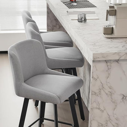 Swivel Bar Stools Set of 3, 26''H Upholstered Barstools with Backs, Modern Counter Height Bar Stool Chairs for Kitchen Island, Metal Legs, Light Gray Fabric Counter Stools