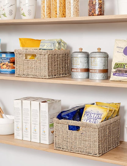 StorageWorks Wicker Storage Baskets, Large and Small Baskets, Handwoven Seagrass Basket for Organizing, Decorative Wicker Baskets with Built-in Handles, Set of 2