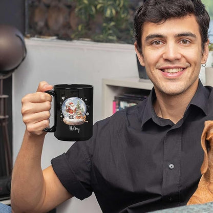 Custom Snow Ball Design Mug With Name, Personalized Black Cup 11oz 15oz, Snow Ball With Santa Claus And Christmas Tree Inside Design, Customized Christmas Themed Coffee Cup