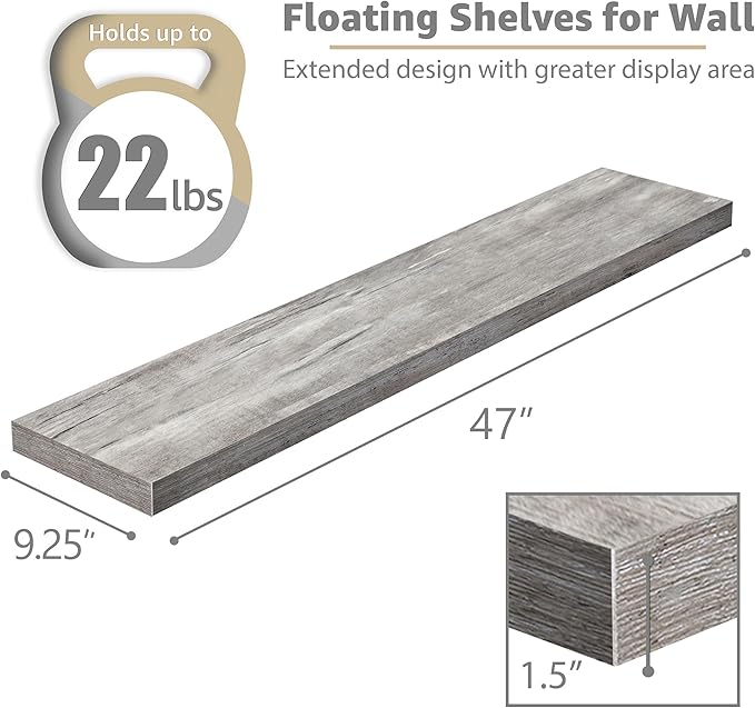 Sorbus Floating Shelves for Wall - 48 Inch Long Bathroom Shelves, Wall Decor for Bedroom, Kitchen, Living Room & Book Storage - Mounted Floating Shelf with Invisible Brackets (Gray, 3 Pack)