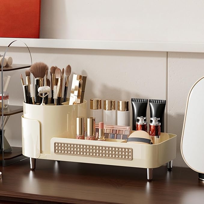 Rotating Makeup Organizer Countertop,Large Capacity Makeup Organizers for Vanity,2 in 1 makeup storage organizer for Bathrooms,Cosmetic Display Case(Cream)