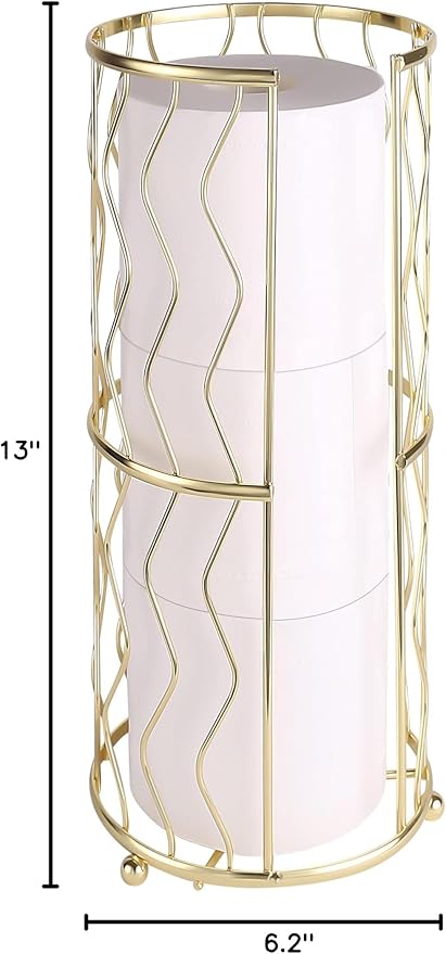 Decorative Metal Standing Toilet Tissue Holder for Bathroom/Powder Room, Compact Tissue Reserve for 3 Rolls of Toilet Paper Gold