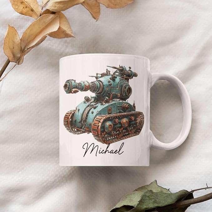 Personalized Unique Steampunk Tank Design Mug, Custom Mechanical Tank Art Coffee Cup 11oz, White Mug Gift For Mechanic Enthusiasts, Custom Name Ceramic Cup 11oz Or 15oz, Kids Mug