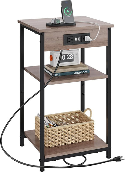 WLIVE End Table with Charging Station, Small Night Stand with 3 Storage Shelves, Side Tables for Small Spaces, Bedside Tables for Living Room, Bedroom, Grey