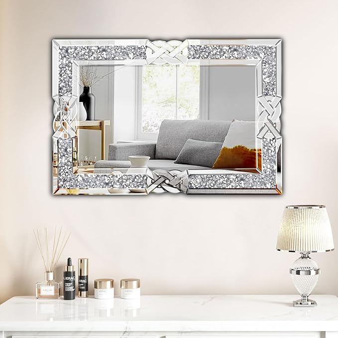 Crushed Diamond Decorative Wall Mirrors, 24x36 Inch Rectangle Living Room Mirrors for Wall Decor, Modern Glam Bathroom Dining Room Entryway Mirror Silver