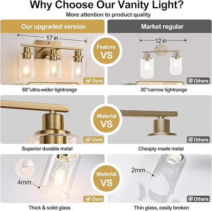 3 Light Bathroom Light Fixtures, Brass Vanity Lights for Bathroom with Clear Glass Shades, Modern Bathroom Wall Sconces for Mirror Living Room Cabinet