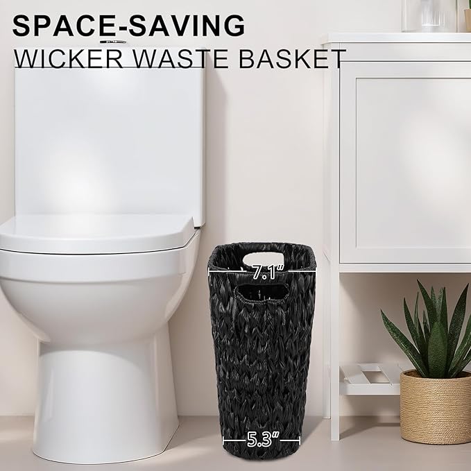 Black Bathroom Accessories Set with Wicker Trash Can Shower Curtain and Rugs,Bathroom Sets Small Waste Basket Bathroom Trash Can for Bedroom Bathroom