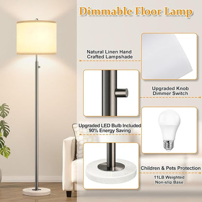 【Upgraded】 Dimmable Floor Lamp for Living Room, 11W LED Bulb Included, Modern Standing Lamp with Marble Base, Tall Pole Light with Linen Shade for Bedroom Reading Office Corner Nursery-Brushed Nickel