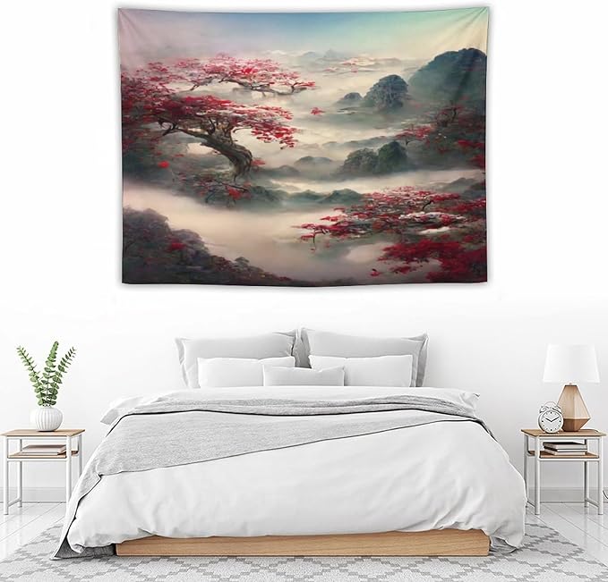 Houselerax Japanese Tapestry, Red Plum Cherry Blossom Mountain Tapestries, Asian Japanese Wall Decor, Nature Landscape Tapestries for Bedroom Living Room Decor 40"x30"