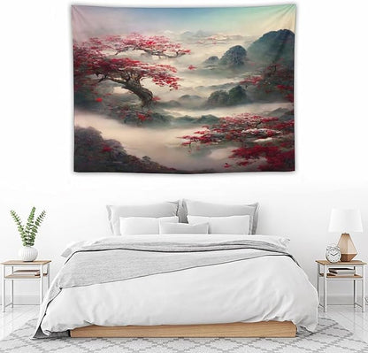 Houselerax Japanese Tapestry, Red Plum Cherry Blossom Mountain Tapestries, Asian Japanese Wall Decor, Nature Landscape Tapestries for Bedroom Living Room Decor 40"x30"