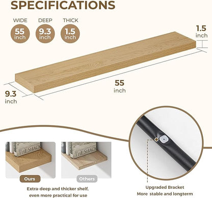 Dreamland 55 Inches Floating Shelves for Wall, 9.3" Deep Long Floating Shelves Set of 1, Large Display & Storage Shelf, Wall Shelf for Bathroom Bedroom Living Room Kitchen Office, Oak