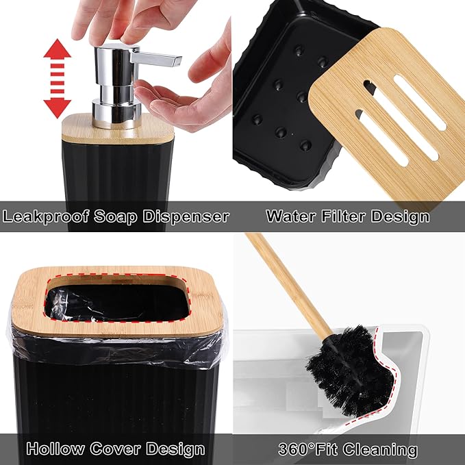 Black Bathroom Accessories Set, 9PCS Bathroom Accessory Set with Trash Can,Tray,Soap Dispenser,Toothbrush Holder,Toothbrush Cup,Soap Dish,Toilet Brush and Q-tip Holders for Housewarming