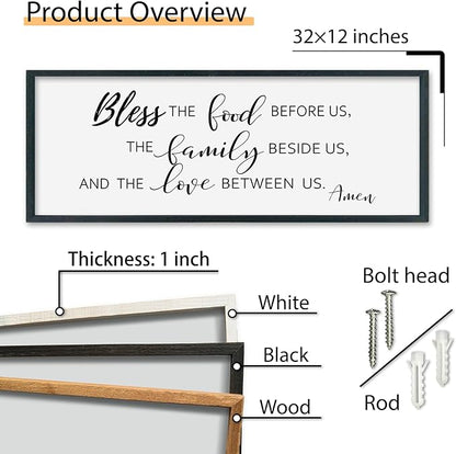 SRSZHIYUE Bless the Food Before Us Wall Sign Decor 32"×12" Christian Bible Verse for Farmhouse Rustic Kitchen Dining Room Framed Wood Scripture Religious Jesus Prayer Wall Art (Black)