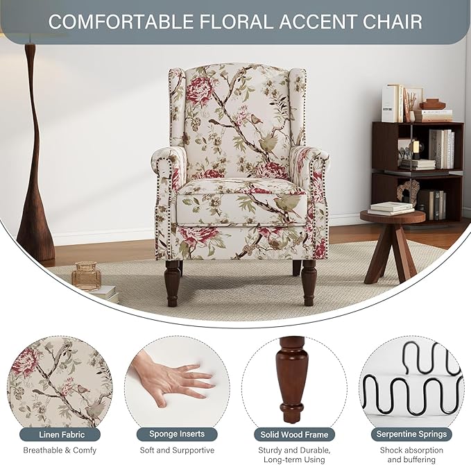 UIXE High Back Accent Chair, Fabric Upholstered Armchair for Living Room, Retro Wingback Arm Chair with Solid Wood Legs, Nailhead Trim Single Sofa Bedroom Reading Seat - Beige Floral