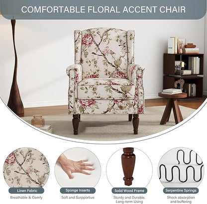 UIXE High Back Accent Chair, Fabric Upholstered Armchair for Living Room, Retro Wingback Arm Chair with Solid Wood Legs, Nailhead Trim Single Sofa Bedroom Reading Seat - Beige Floral