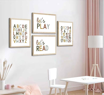 4 Pcs Boho Playroom Canvas Wall Art Nursery Toddler Educational Let's Read Let's Play Painting Pictures Wall Decor Posters Print Artwork for Girl Boy Childs Room Classroom Home Decoration Unframed