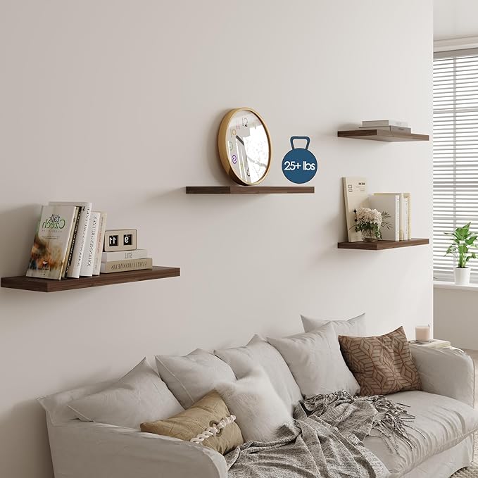 Wall Shelf Set of 2, Walnut Floating Shelves 36 in W x 10 in D x 1 in H, Wooden Floating Wall Shelf with Invisible Brackets for Living Room/Bedroom/Bathroom/Kitchen Storage and Decor