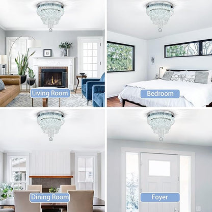 16“ Crystal Chandeliers Light Flush Mount Ceiling Light Fixtures Round Modern LED Chandelier for Living Room Bedroom Dining Room Closet Hallway (Cool White)