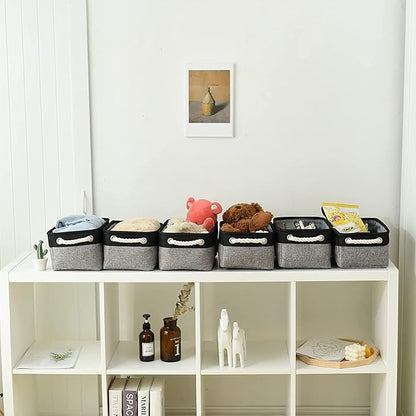 TheWarmHome Storage Basket for Organizing - 12x8x5.2 inch Small 6 Pack Collapsible Storage Bin for Shelves with Rope, Fabric Storage Cubes for Cloth Gift Toy Decorative Organizer (Black & Grey)