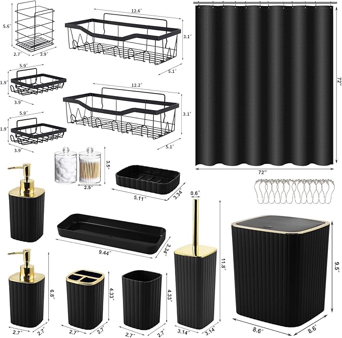 28PC Bathroom Set- Gorgeous Black Bathroom Set, Bathroom Accessory Set, Black Shower Curtain Set with 5PC Adhesive Corner Shower Caddy Hanging