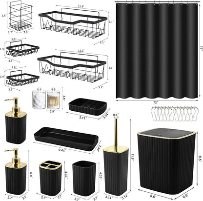 28PC Bathroom Set- Gorgeous Black Bathroom Set, Bathroom Accessory Set, Black Shower Curtain Set with 5PC Adhesive Corner Shower Caddy Hanging