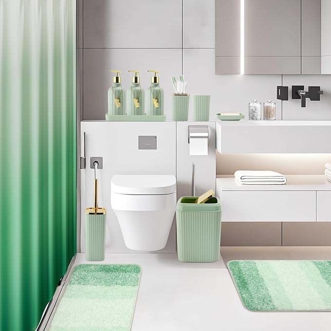 32PCS Bathroom Set Bathroom Sets with Shower Curtain and Rugs Green Bathroom Accessories,Shower Curtain Set,Bathroom Rug Set with Bathroom Trash Can