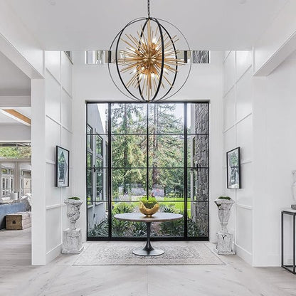 31.5" Black Gold 16-Light Globe Sputnik Chandelier Modern Industrial Adjustable Hanging Ceiling Firework Pendant Light Fixture for Entryway Foyer Stairway Bedroom Dining Living Room Hallway