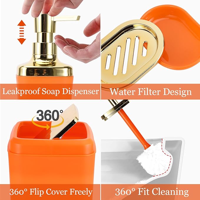 Orange Bathroom Accessories Set, Orange and Gold Bathroom Accessories with Trash Can, Soap Dispenser, Soap Dish, Toothbrush Holder and Q-tip Holders