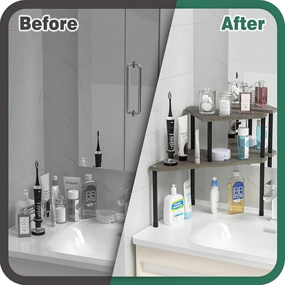 Weenson Bathroom Counter Organizer Over Sink Organizer for Toiletries, Makeup, Kitchen Countertop Organizer Spice Rack for Salt, 2-Tier Corner Counter Shelf for Coffee Area Storage(Rustic Grey)