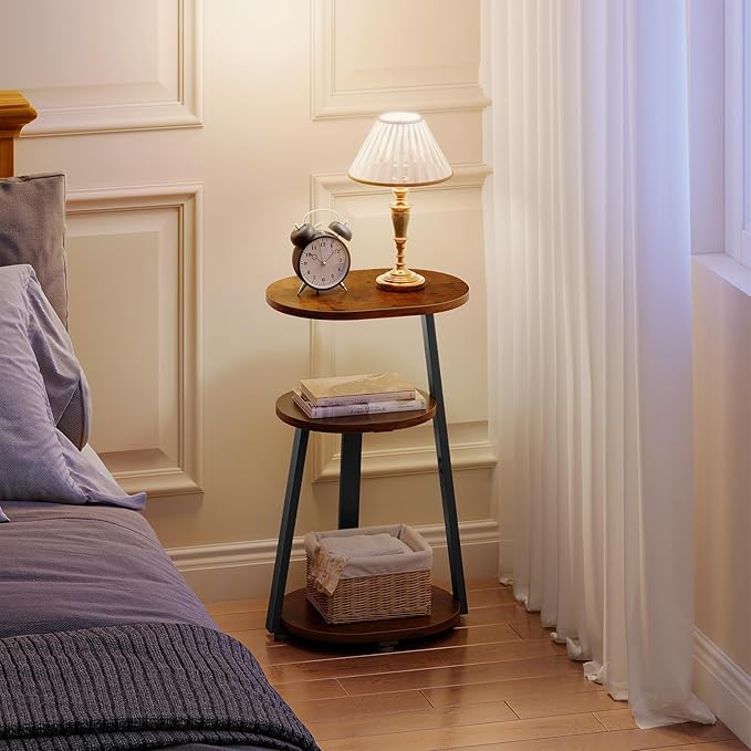 Side Table, Small End Table with Metal Frame, 3-Tier Bedside Tables, Round Side Tables for Living Room Bedroom Couch Bathroom, Oval, Vintage Brown