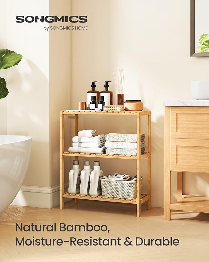 SONGMICS Bamboo Storage Shelf, 3-Tier Shelving Unit, Multifunctional, in The Entryway, Bathroom, Living Room, Balcony, Kitchen, 10.2 x 23.6 x 26 Inches, Light Bamboo UBCB33Y