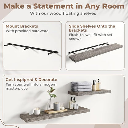 48 Inch Floating Shelves for Wall Set of 2, 8"D Wood Grain Bathroom Shelves with Invisible Brackets, Easy Install Engineered Wood Storage Shelves for Kitchen, Living Room, Bedroom, Grey Oak Finish