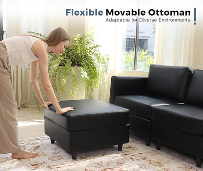 118.5" Faux Leather Modular Sectional Sofa, L Shaped Couch Set for Living Room, 5-Seater Comfy Cloud Couches with Movable Storage Ottoman,DIY Combination - Black