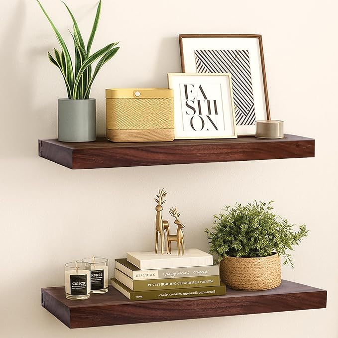 Solid Walnut Floating Shelves for Wall, 16"*6.7"*1.6"Real Thick Wood Mounted Wall Display Shelf with Joinery for Home Decor, Bathroom,Kitchen（Natural Walnut Brown）