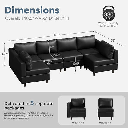 118.5" Faux Leather Modular Sectional Sofa with Storage Seat, Modern 6 Seater Couch Deep Seat with Removable Cover DIY Combination Black