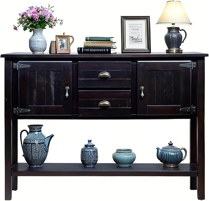 Solid Wood Farmhouse Console Table,Sofa Table with Storage Drawers and Shelves,Entryway Table for Entry Hallway Foyer Sofa Side Table,Fully Assembled(48" Espresso)