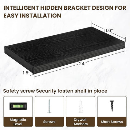 12 Inch Deep Floating Shelves, 24 Inch Long Floating Shelves for Wall, Floating Shelf with Invisible Brackets, Deep Shelves for Bathroom, Bedroom, Living Room, 2 Pack, Black