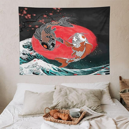 Houselerax Koi Fish Tapestries,Japanese Style Yin Yang Big Wave Cherry Blossoms Tapestry Wall Hanging for Bedroom Living Room Office Decor 40"x30"