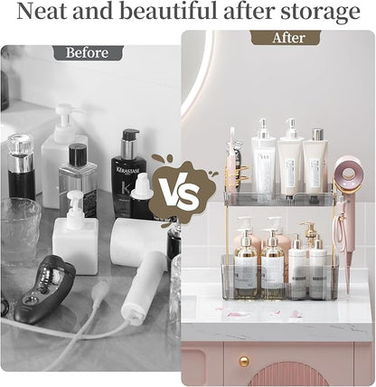 Bathroom Counter Organizer with Hair Dryer Holder, Hair Tool Countertop Storage, Cosmetics Skincare Shelf Organizer, Makeup Organizer Perfume for Dresser Vanity Tray(2 Tier-Grey)