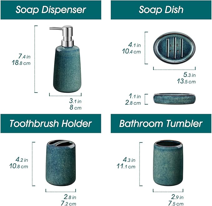vancasso Green Bathroom Accessories Set, Ceramic Soap Dispenser and Toothbrush Holder Sets, Stoneware 4 Pcs Bathroom Sink Set for Modern Home Decor, Series Starry