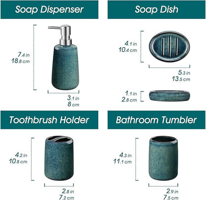 vancasso Green Bathroom Accessories Set, Ceramic Soap Dispenser and Toothbrush Holder Sets, Stoneware 4 Pcs Bathroom Sink Set for Modern Home Decor, Series Starry