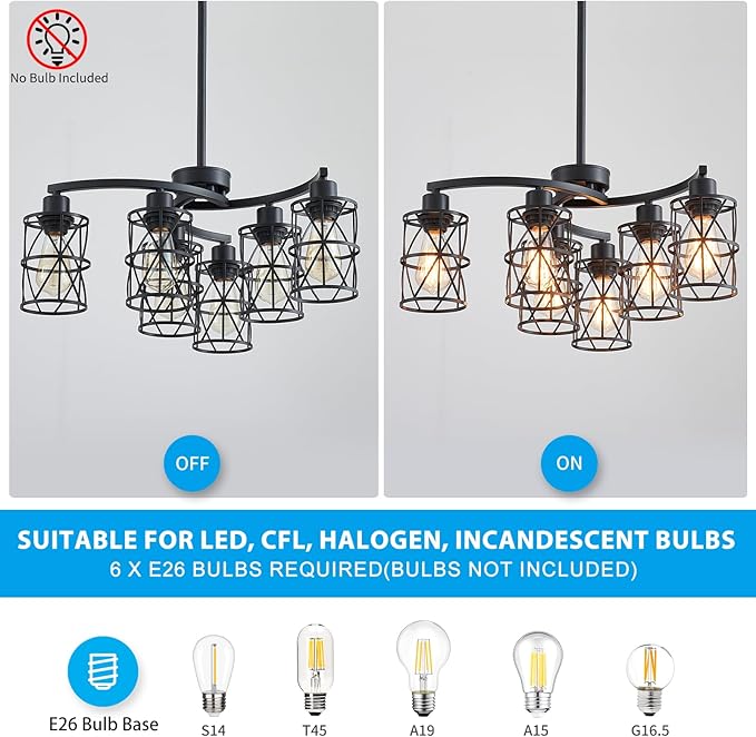 XINGQI Modern Black Chandelier 6-Light Pendant Lighting Fixture with Metal Shade 24" Height Adjustable for Dining Room Living Room Bedroom